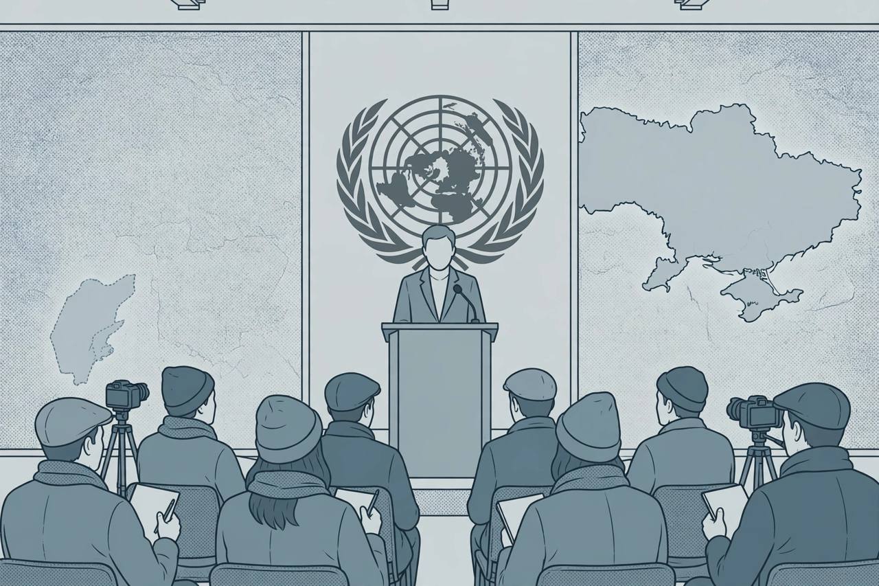 Editorial illustration of a UN press briefing room with a speaker at a podium and journalists seated in front