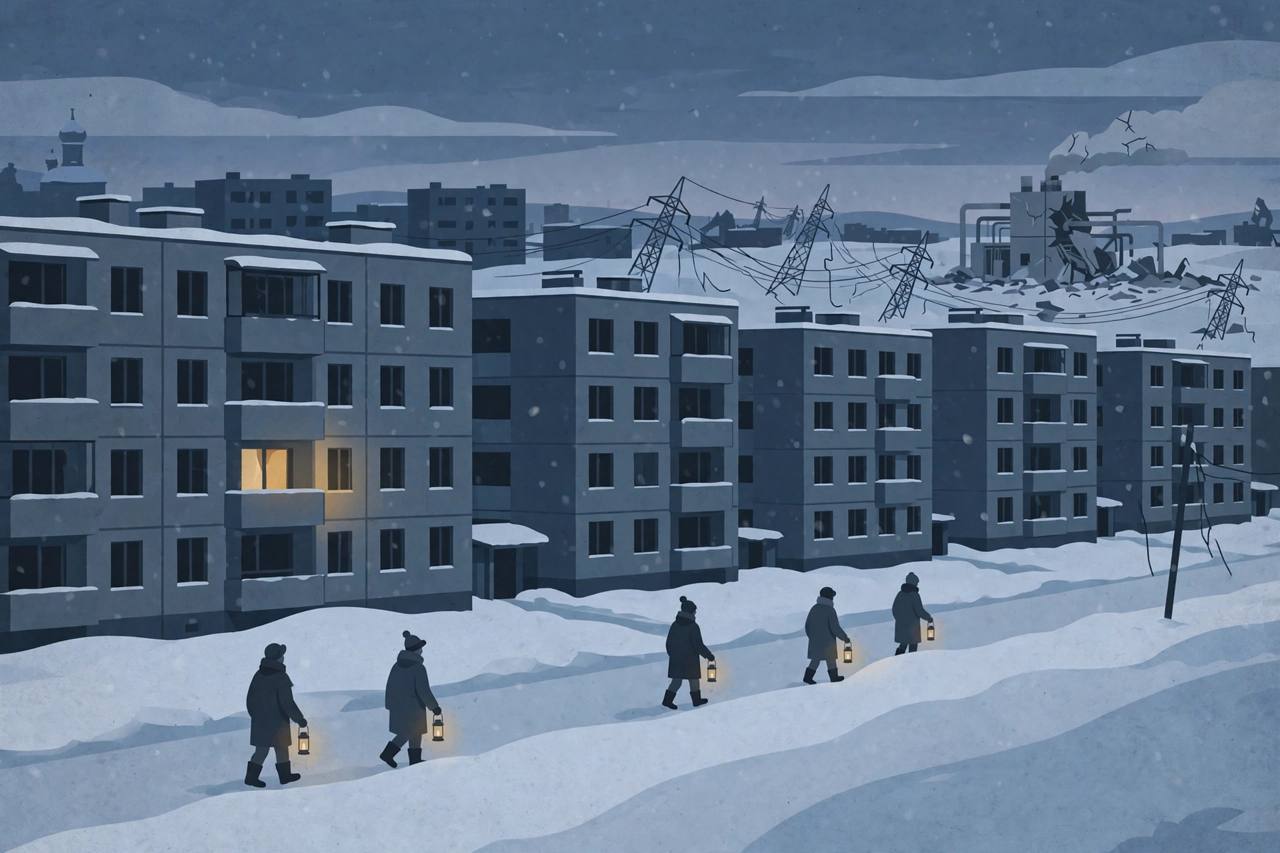Editorial illustration of a snow-covered city in darkness with a damaged heating plant and residents carrying lanterns through snow in winter