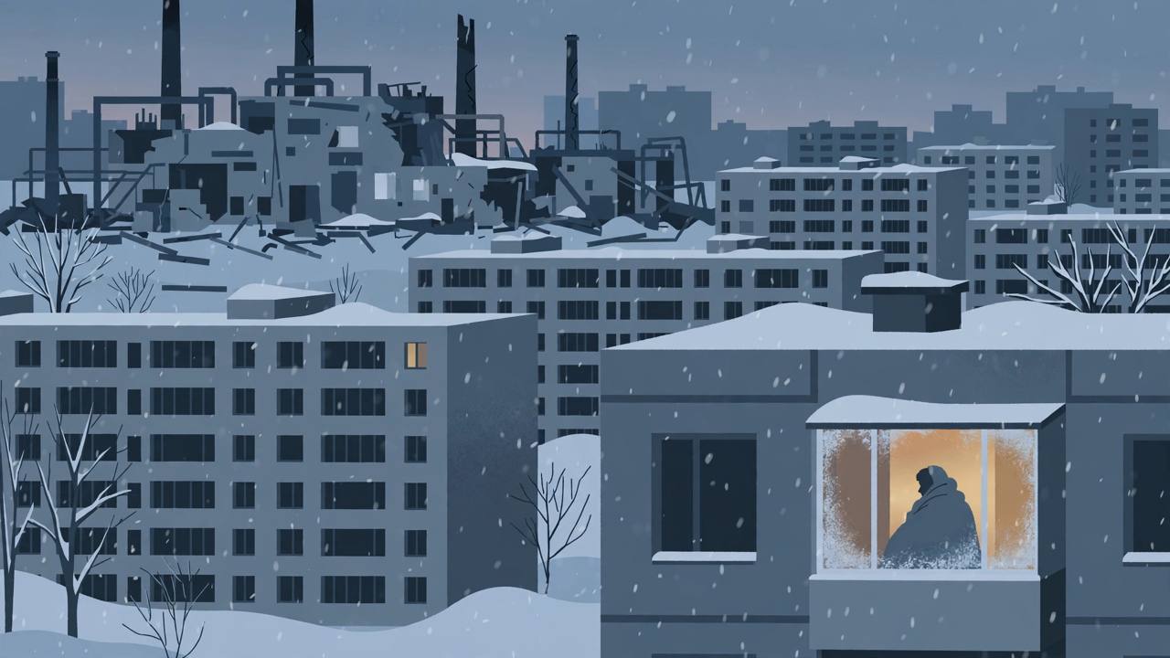 Editorial illustration of a snow-covered Ukrainian city with a dark heating plant and a resident wrapped in a blanket at a frosted window