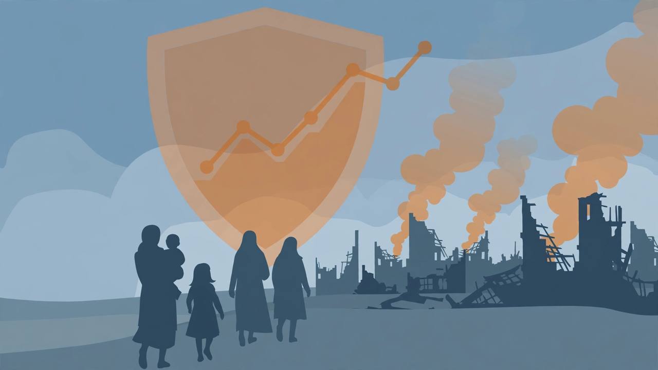 Editorial illustration of generic women and girls silhouettes walking away from a distant war-torn city skyline