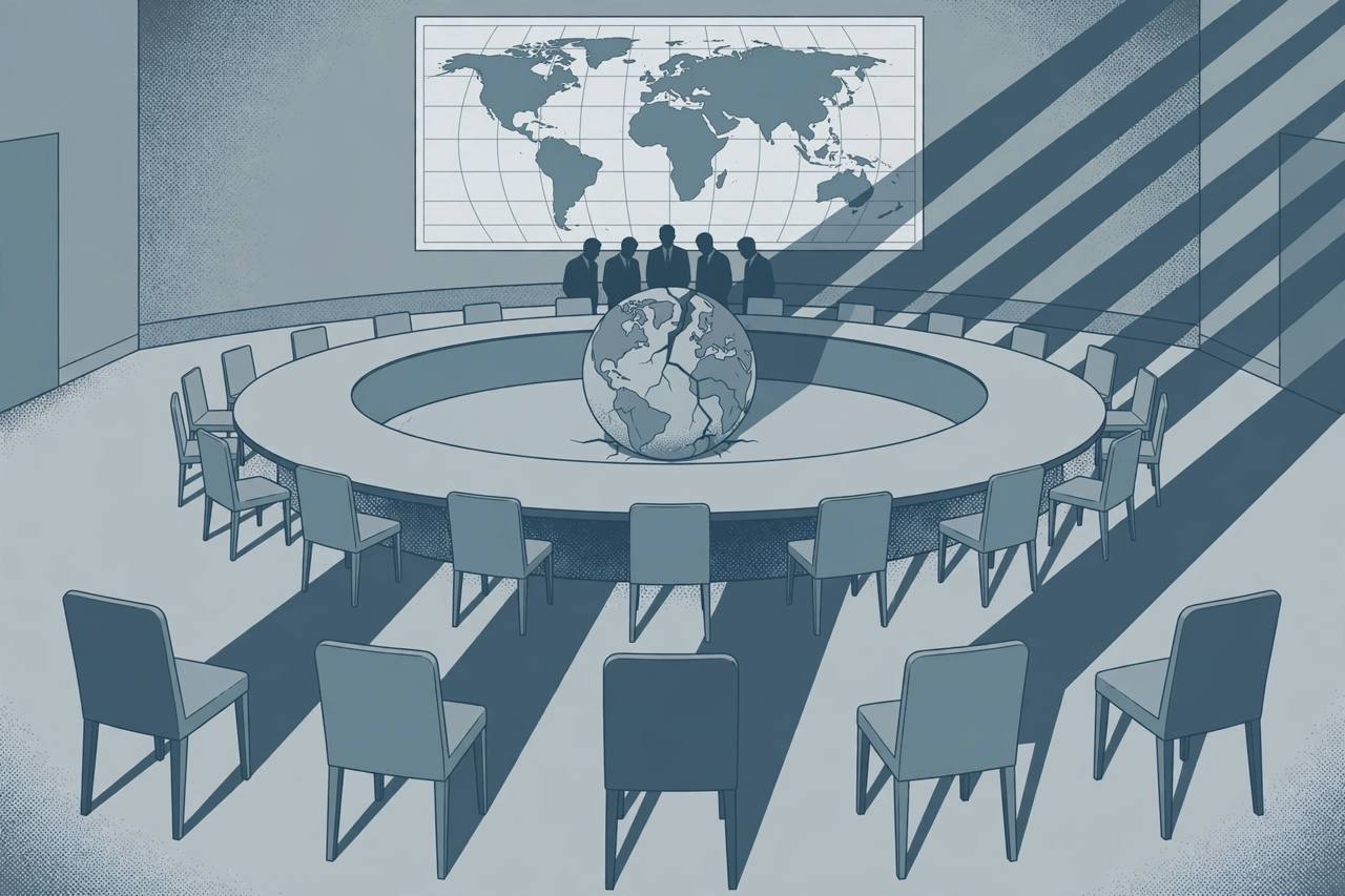 Editorial illustration of a UN-style council chamber with five chairs casting veto shadows over a cracked globe