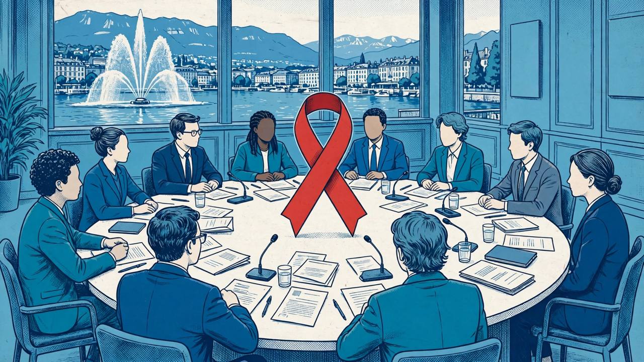 Editorial illustration of a generic UN-style conference table with a red ribbon at its centre