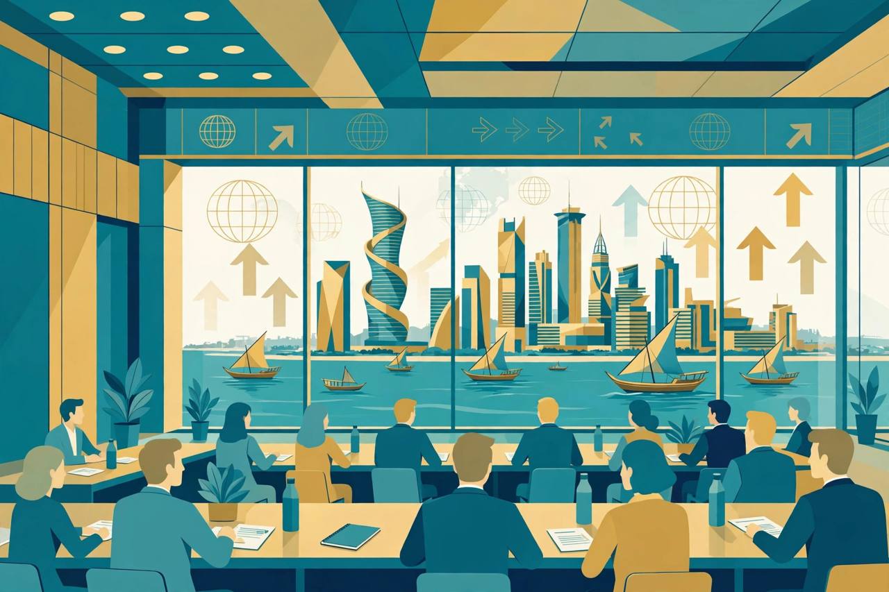 Editorial illustration of an investment conference in Doha with skyline and dhows