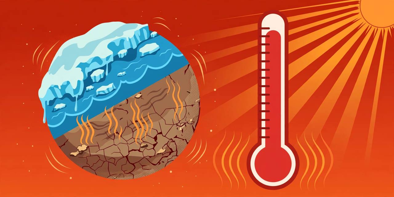 Editorial illustration of planet Earth split between melting ice and cracked dry land, with a large red thermometer rising beside it under a blazing sun, flat editorial style, no text, no people
