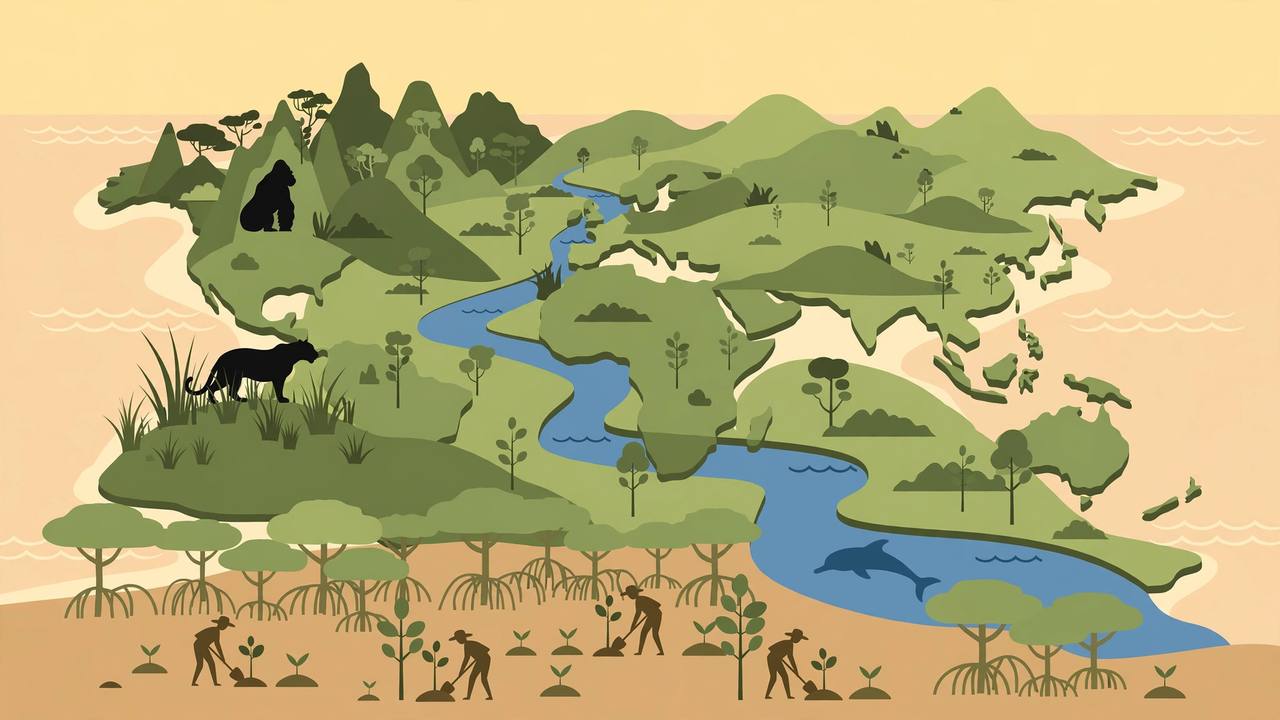 Flat editorial illustration of a restored landscape with green hills, a river, mangroves, people planting saplings, a jaguar, a mountain gorilla and a river dolphin