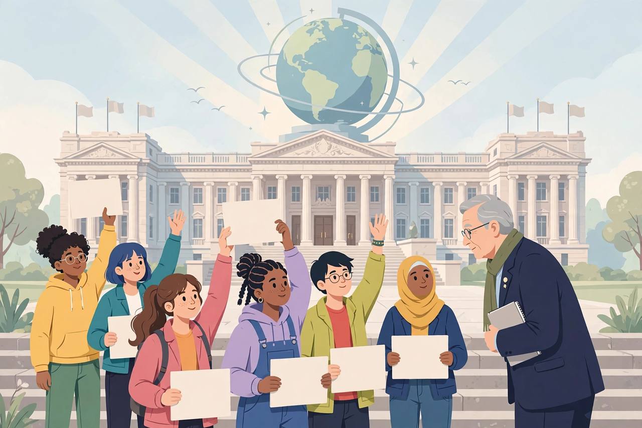 Editorial illustration: a diverse group of generic young people on the steps of an international conference building raising hands and holding blank placards while a generic official listens, globe motif behind, no real person's likeness