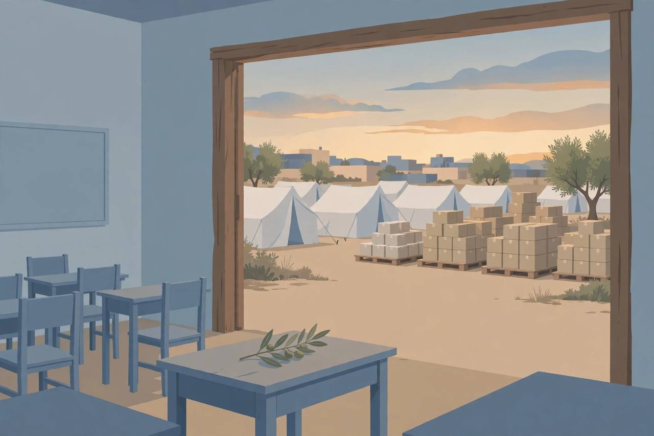 Editorial illustration of an empty classroom looking out to white aid tents and stacked aid boxes at dusk — no people, no children and no incident depicted