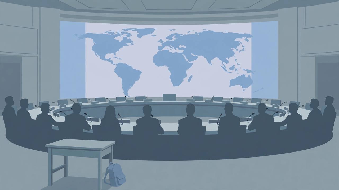 Editorial illustration of the UN Security Council horseshoe table with an empty school desk and backpack in the foreground as a symbol