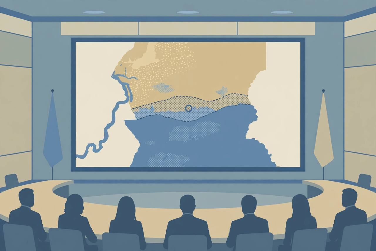 Editorial illustration of generic delegates at a curved UN Security Council table with a map of the Abyei border region on a screen, generic figures only