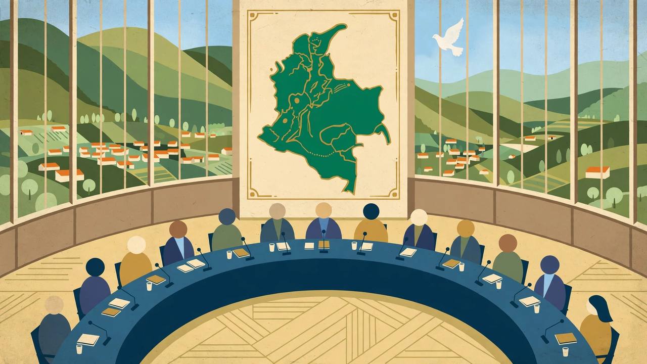 Editorial illustration of a UN Security Council table with a map of Colombia and Andean hills behind
