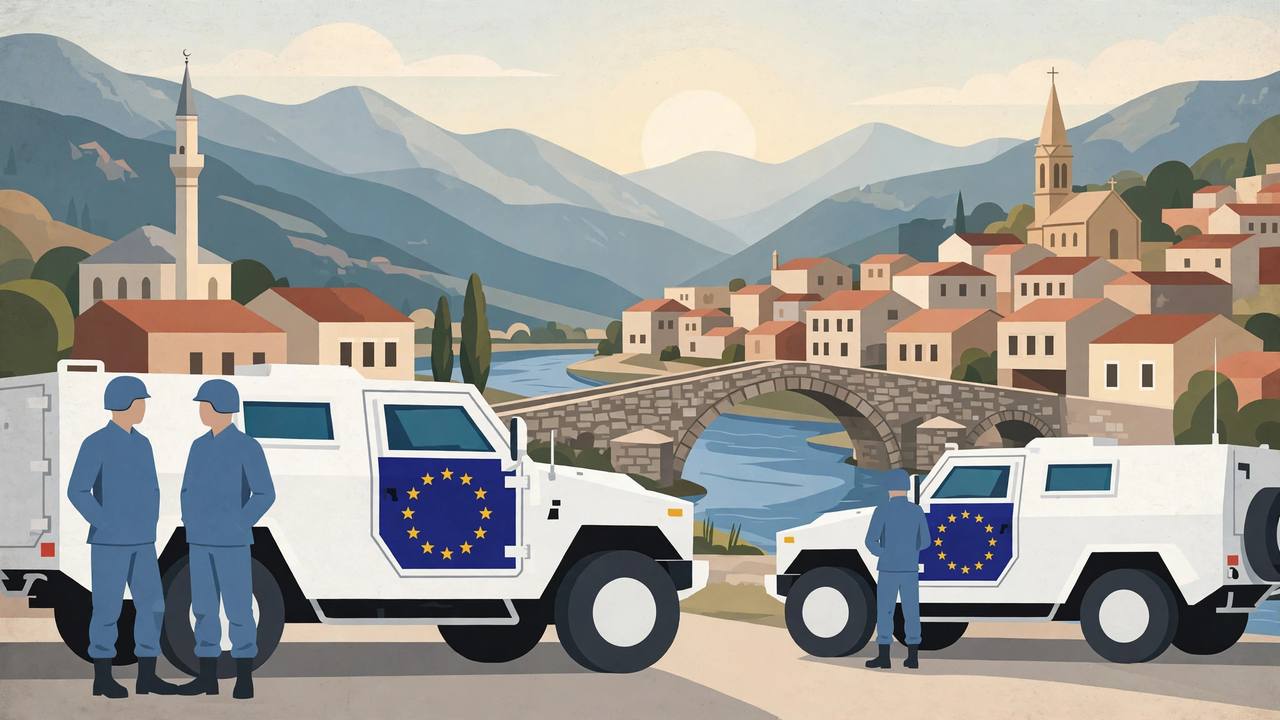 Editorial illustration of European peacekeepers beside white armoured vehicles in a Balkan old town with a stone bridge