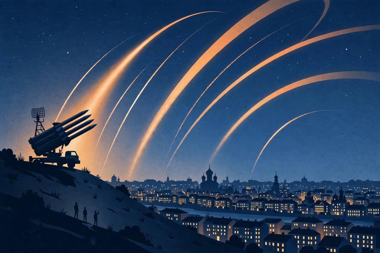Editorial illustration of a generic air-defence launcher overlooking a city at dusk with interceptor trails in the sky