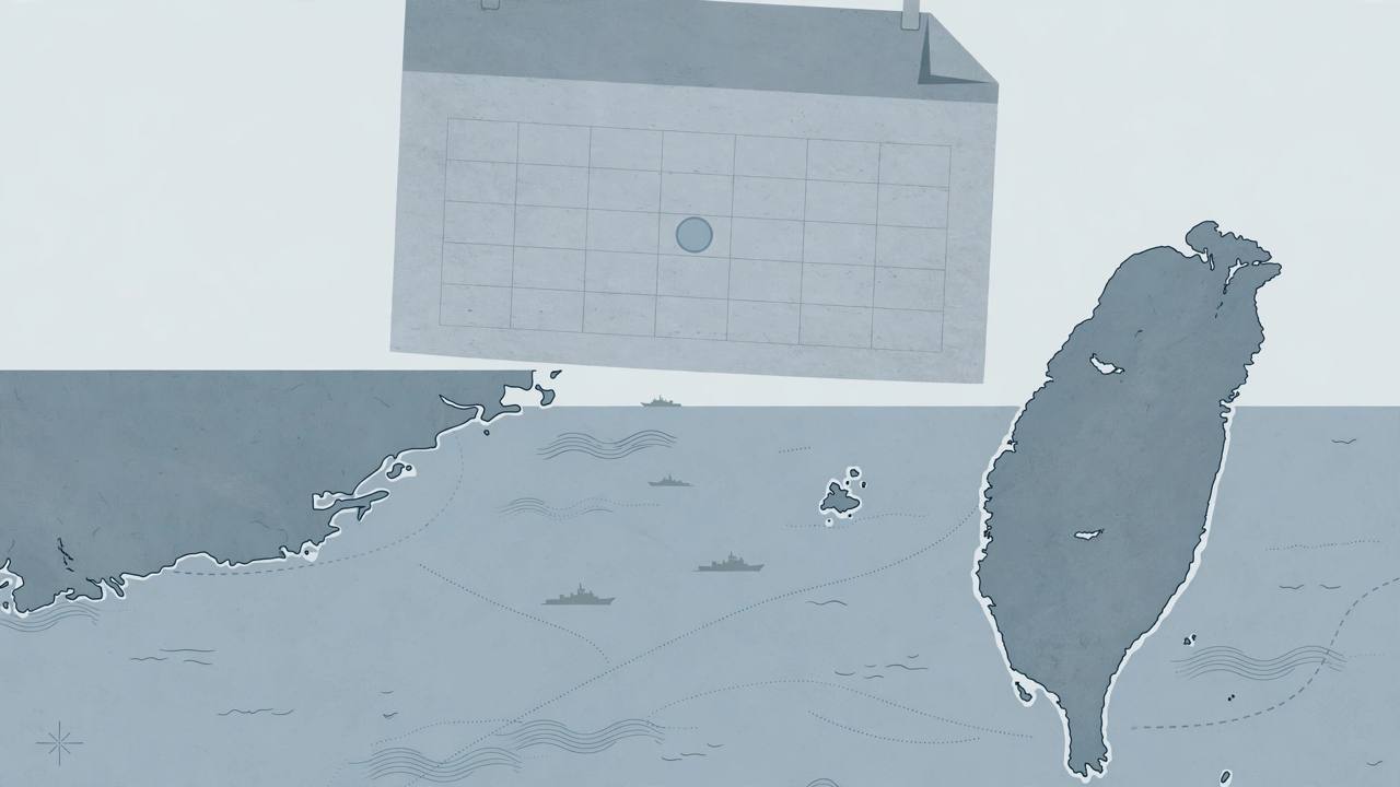 Editorial illustration of a stylised Taiwan Strait with a generic island coastline and distant naval vessels