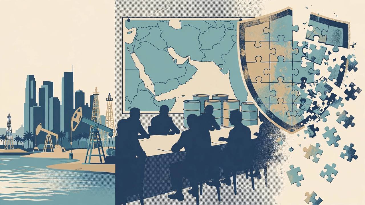 Editorial illustration of Gulf oil installations and a dissolving shield over a diplomats' table in Doha, for the US shift away from its oil-for-security bargain