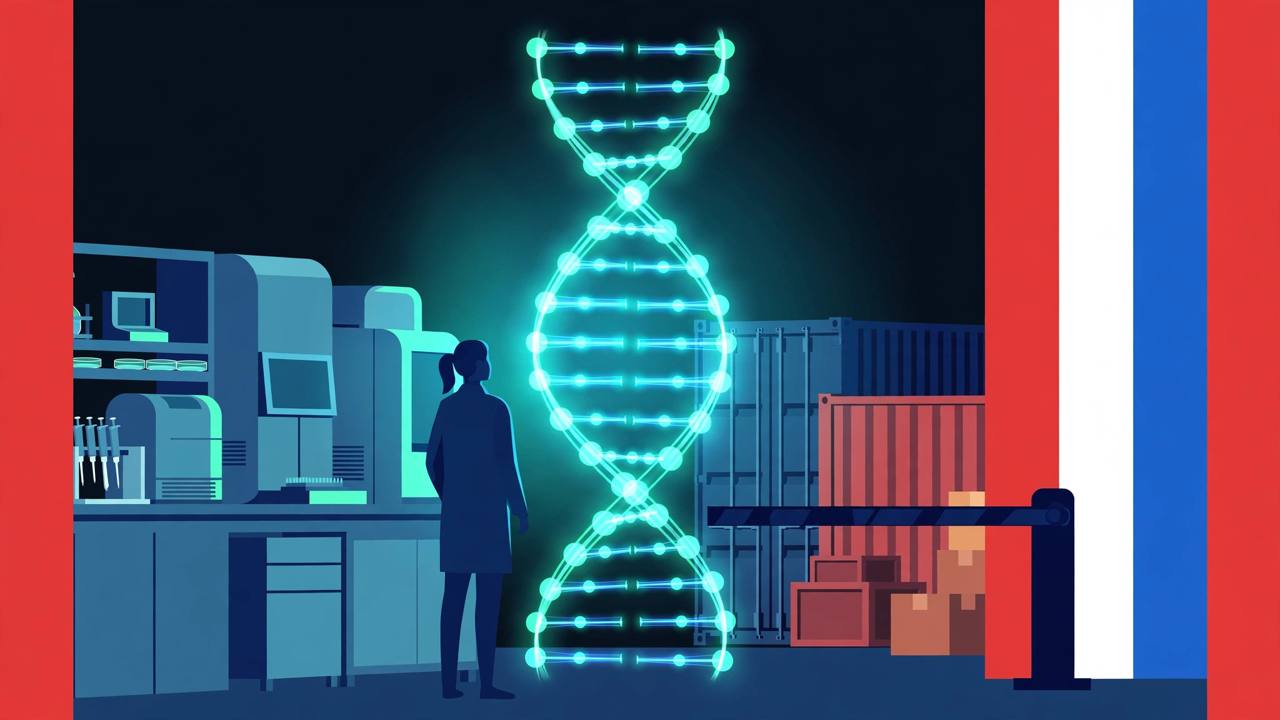 A genetics laboratory with a glowing DNA double helix, a scientist silhouette and shipping containers stopped at a border barrier, flat editorial illustration
