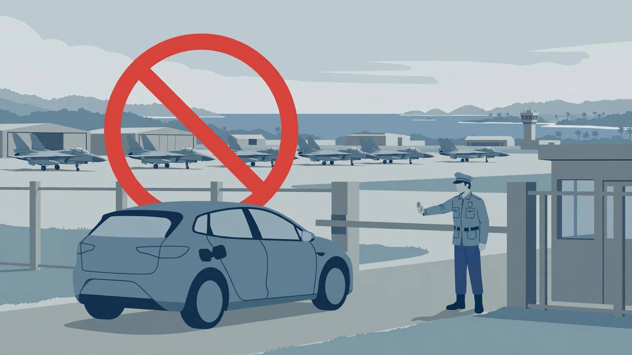 Editorial illustration of a generic electric car being turned away at an air base gate with fighter jets in the far background