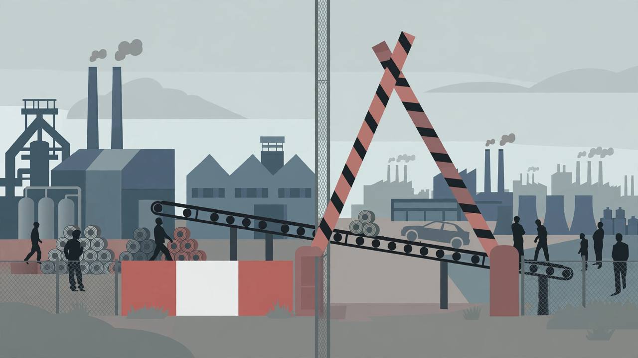 Editorial illustration of a steel mill and auto plant on either side of a border, with a tariff barrier gate half-open between them