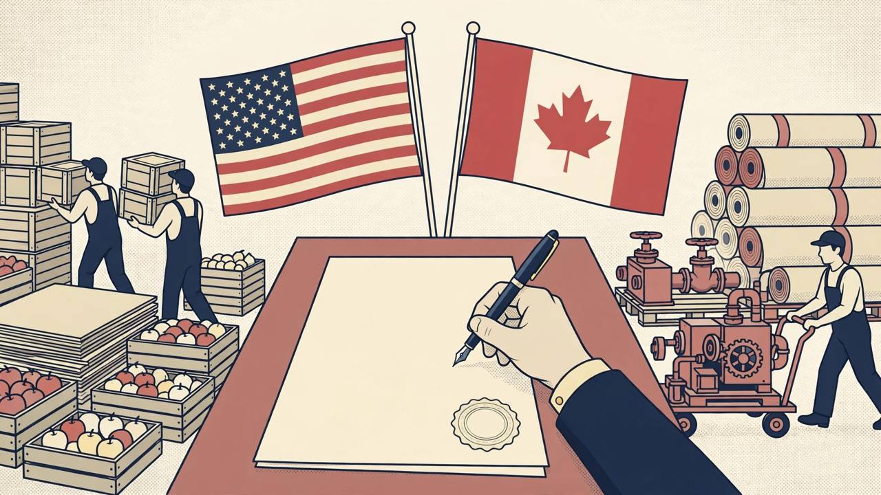 Editorial illustration of a proclamation being signed between US and Canadian flags, with farm crates, plywood and machinery