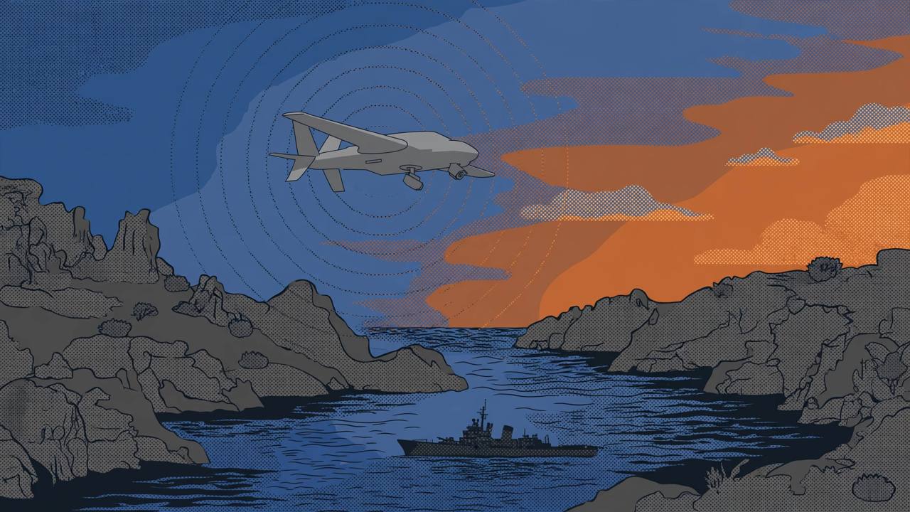 Editorial illustration of a grey surveillance drone over a narrow sea strait with signal waves around it and a naval ship in the distance