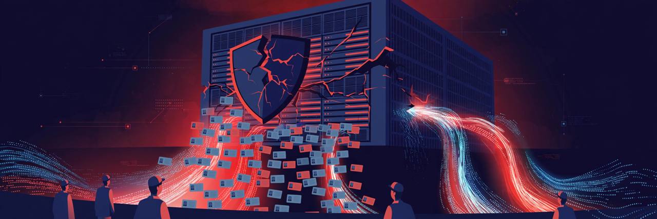 Editorial illustration of a cracked shield over a government server with staff ID cards spilling out as data streams