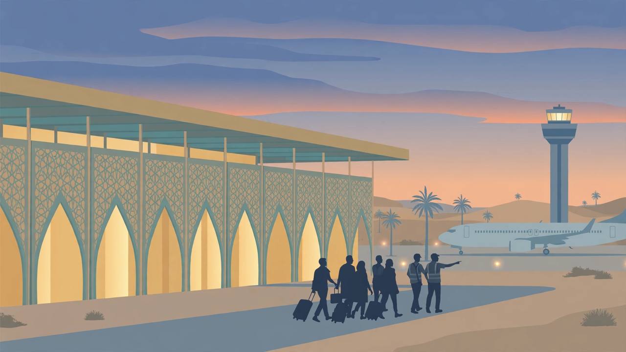 Editorial illustration of a large international airport terminal in Saudi Arabia at dusk with generic travellers and a control tower, flat style, no text, no real person depicted