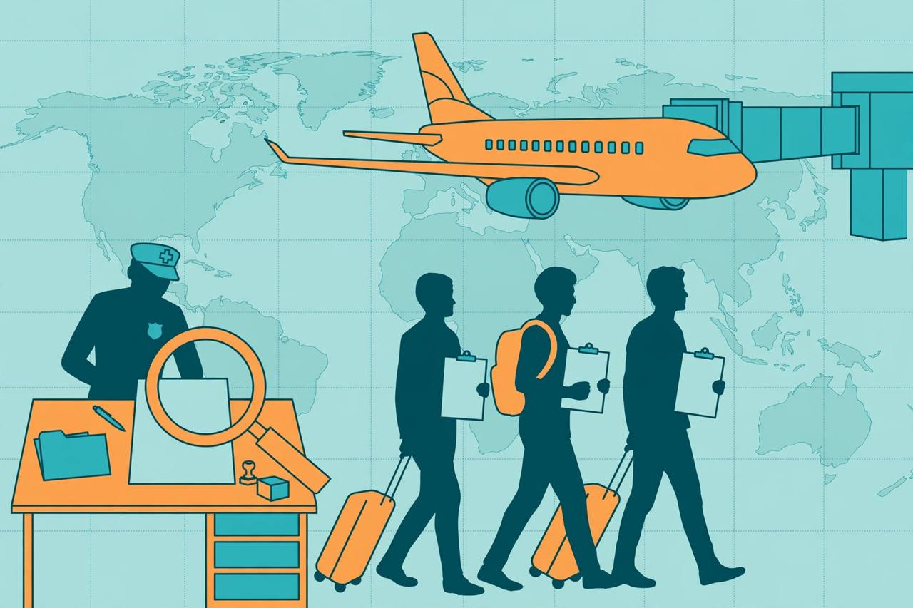 Editorial illustration of a generic airliner at a gate, travellers holding a blank declaration form and a health desk — flat style, no real person depicted