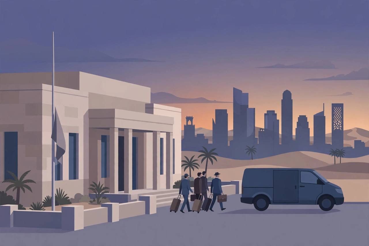 Editorial illustration of a generic embassy building in the Middle East at dusk with generic diplomats carrying suitcases toward a van, generic figures only