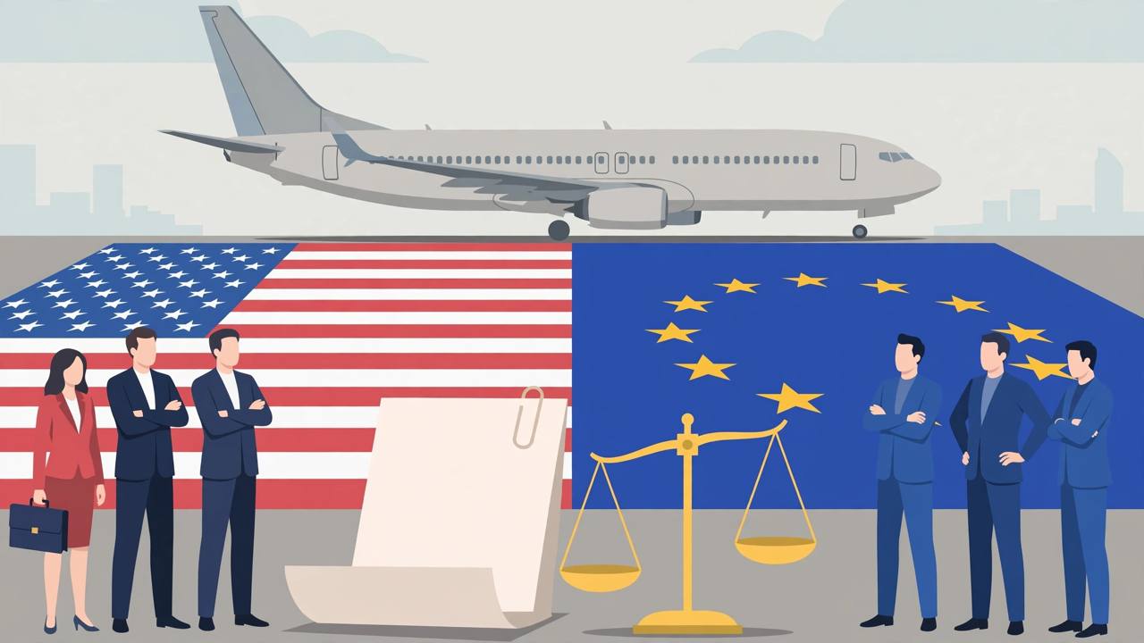 Editorial illustration of a passenger jet split between US and EU colours with a loan document and scales in the foreground