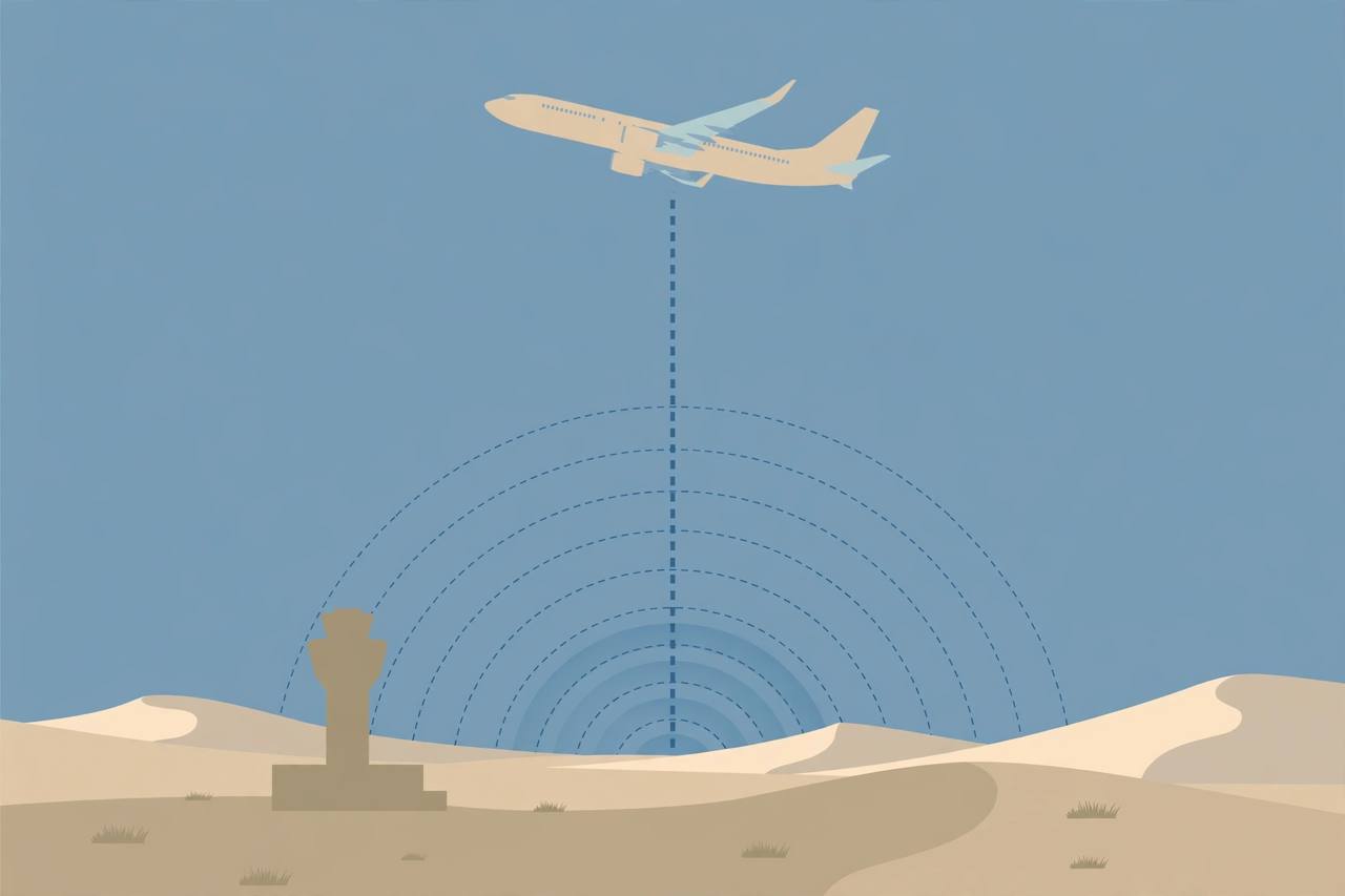 Editorial illustration of a passenger jet flying above a desert landscape with a dashed altitude line and radar arcs