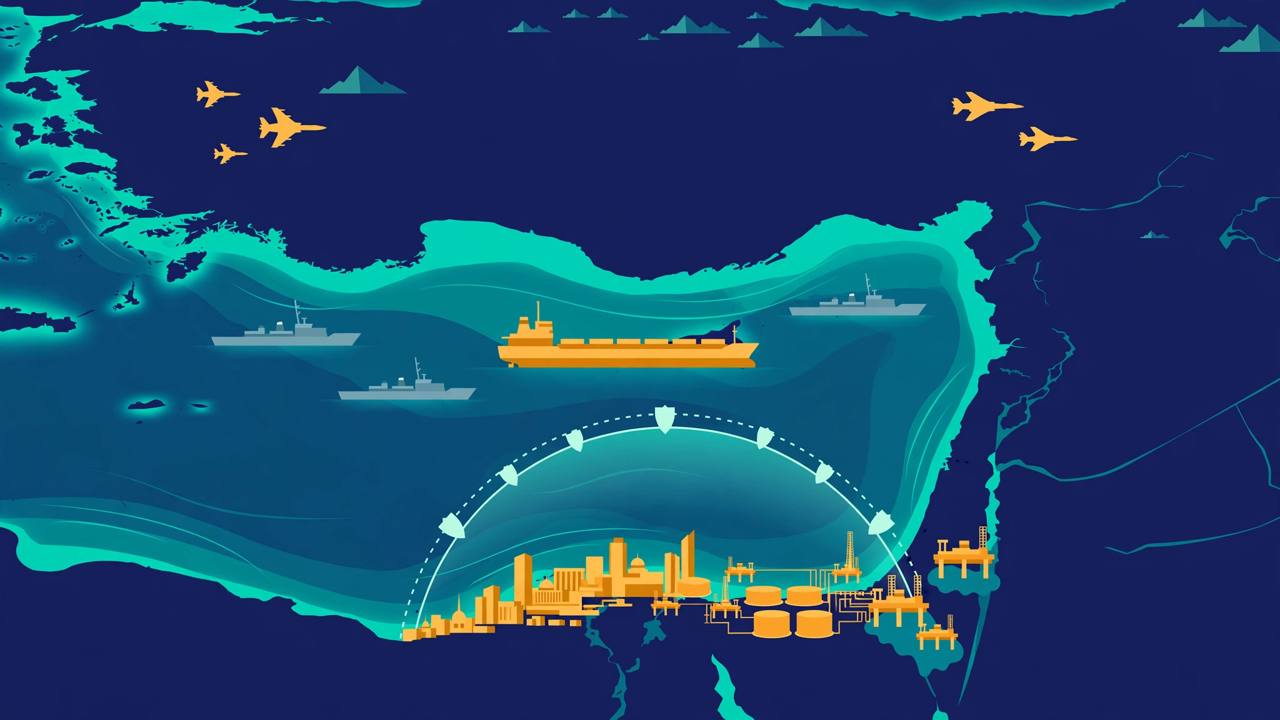 Editorial illustration of a generic Persian Gulf strait with an oil tanker, generic warships, a missile-defence shield over generic Gulf skylines and oil terminals, flat style, no real person, place or incident depicted, no text