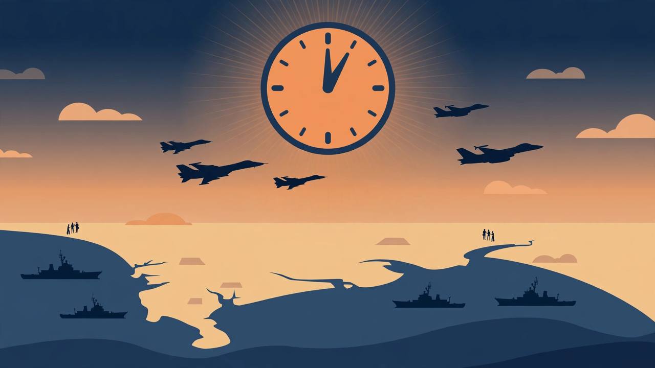 Editorial illustration of generic military aircraft and naval ships on standby at dawn over a stylised coastline, with a large clock motif