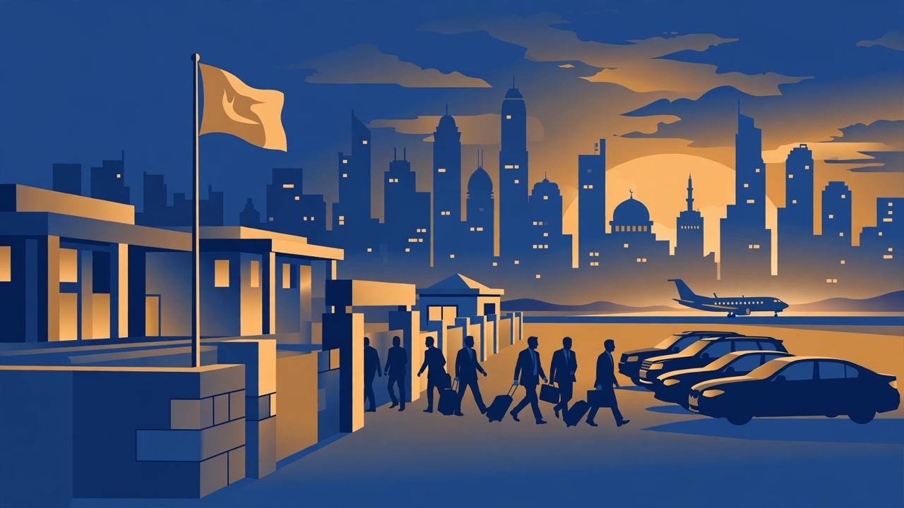 Editorial illustration of generic diplomats with suitcases leaving a generic embassy building at dusk, a Gulf skyline and a plane in the distance