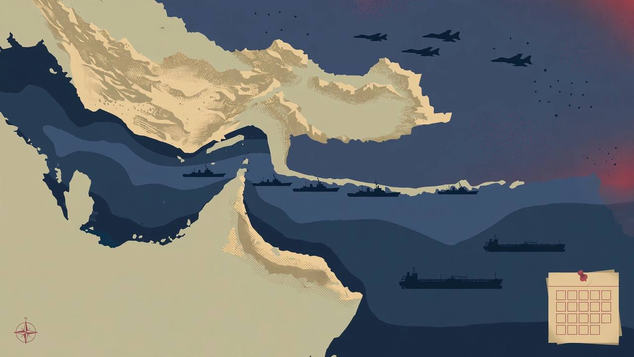 Editorial illustration of a stylised Middle East map and the Strait of Hormuz with generic ship and jet silhouettes at dusk — flat style, no real person depicted