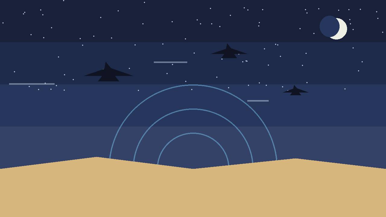 Editorial illustration of generic fighter-jet silhouettes over a desert horizon at night with radar arcs, flat style, no text, no real person depicted