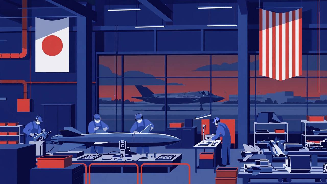 Editorial illustration of workers assembling a missile inside a Japanese defence factory, with an F-35 jet visible through a large window and Japanese and American banners hanging above