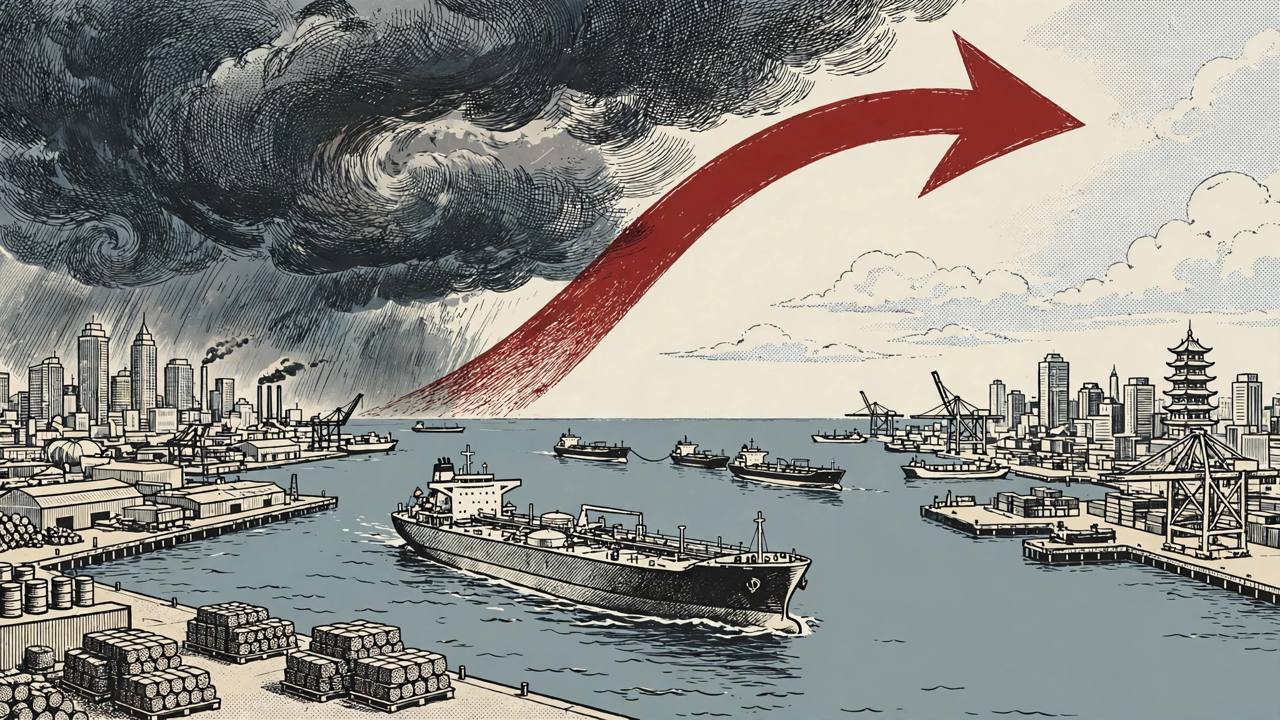Editorial illustration of a giant oil supertanker sailing between a Gulf Coast port and an Asian port with a steep red freight-cost arrow above it, flat style, no real person depicted