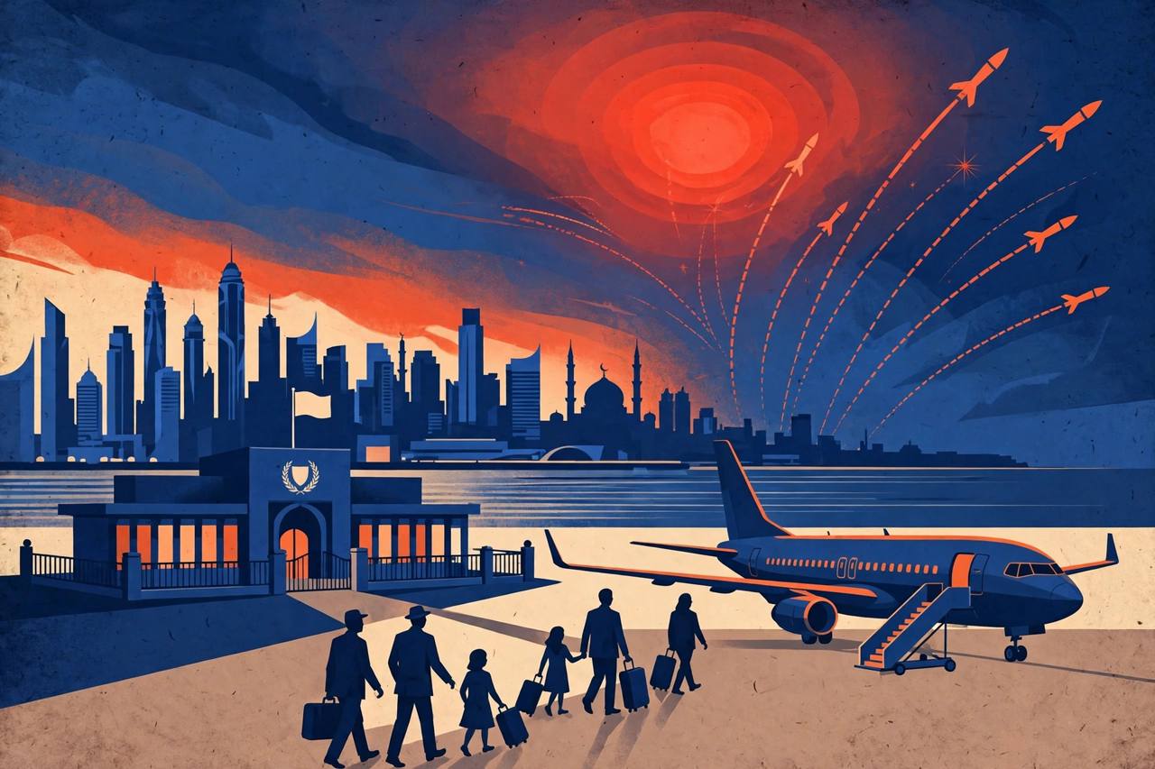 Editorial illustration of embassy families with suitcases walking to a plane under a red alert sky over a Gulf city