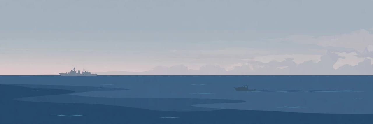 Editorial illustration of a small fast boat at a distance on the open eastern Pacific, with a naval patrol vessel far behind it