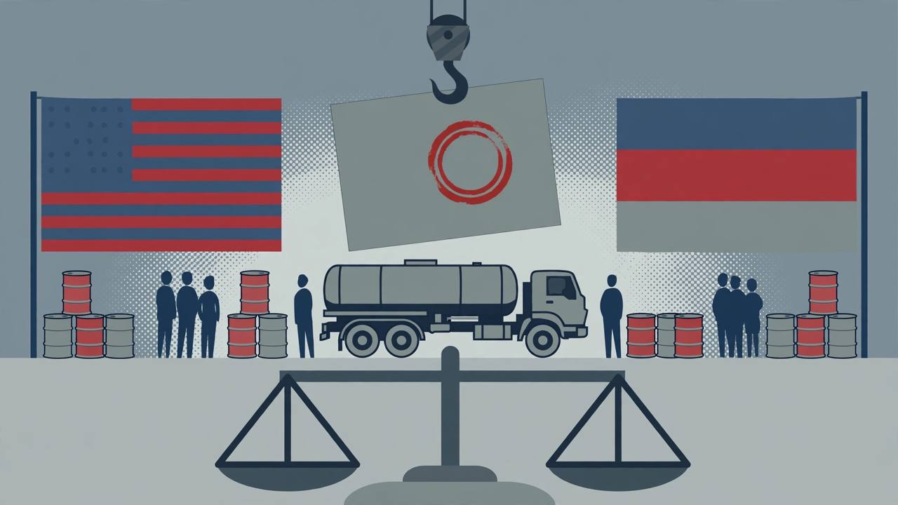 Editorial illustration of a diesel tanker, oil barrels and a sanctions document being lifted away
