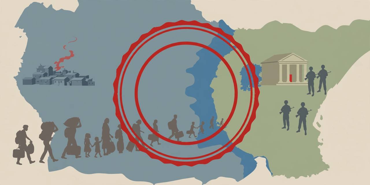 Editorial illustration of a stylised map of eastern Congo and Rwanda with displaced families, generic soldiers, a bank building and a large blank sanctions stamp
