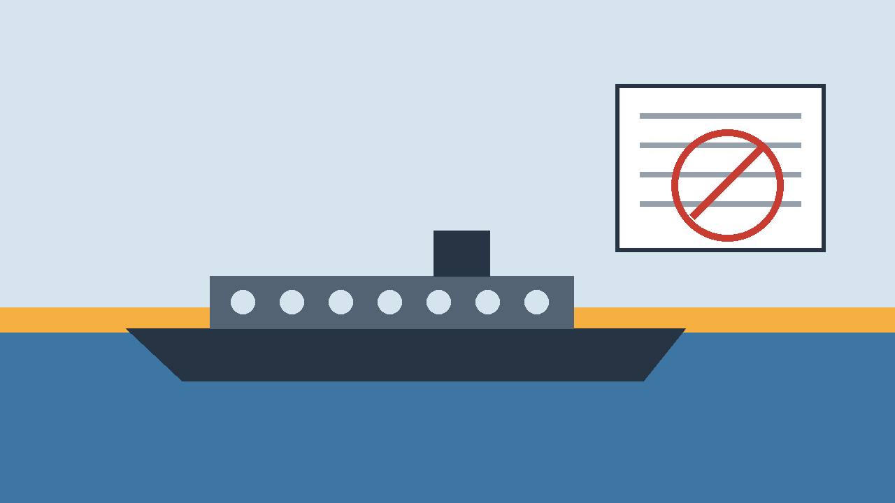 Editorial illustration of a generic oil tanker at sea beside a sanction document marked with a red stamp, with no real person depicted