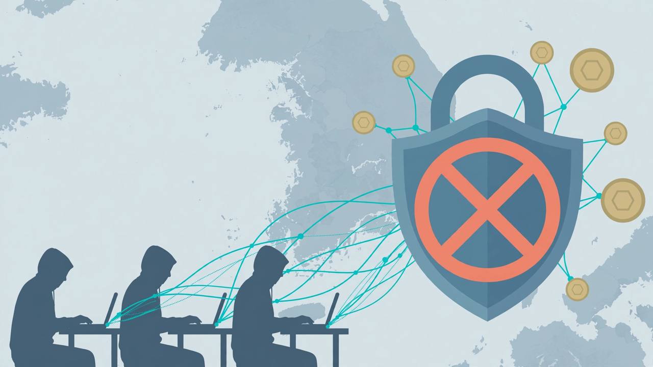 Generic remote workers at laptops linked by network lines to a blocked shield and padlock, with stylised coins and a Korean peninsula map, flat editorial illustration
