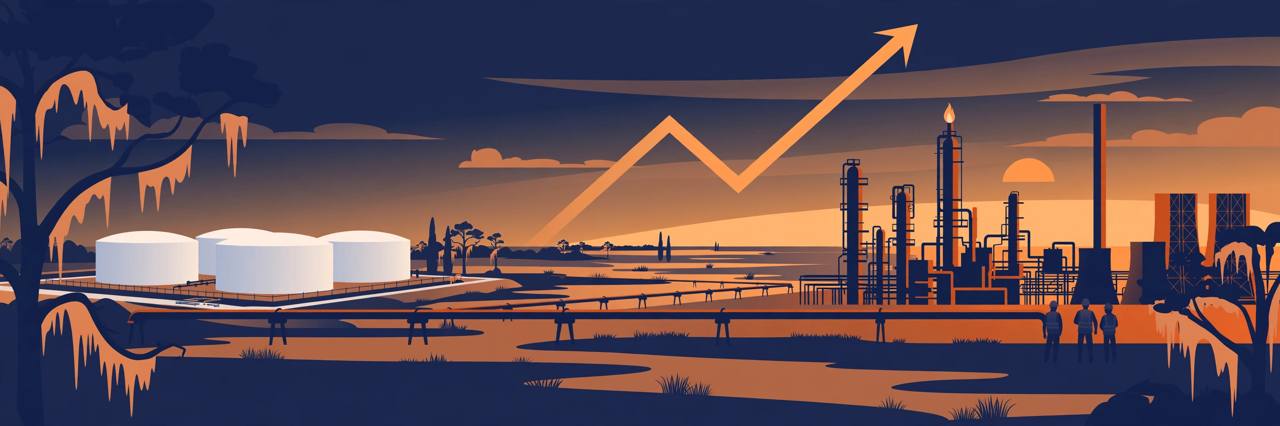 Editorial illustration of oil storage tanks and a refinery in Louisiana at dusk, with a pipeline from a strategic reserve site and a rising oil-price arrow