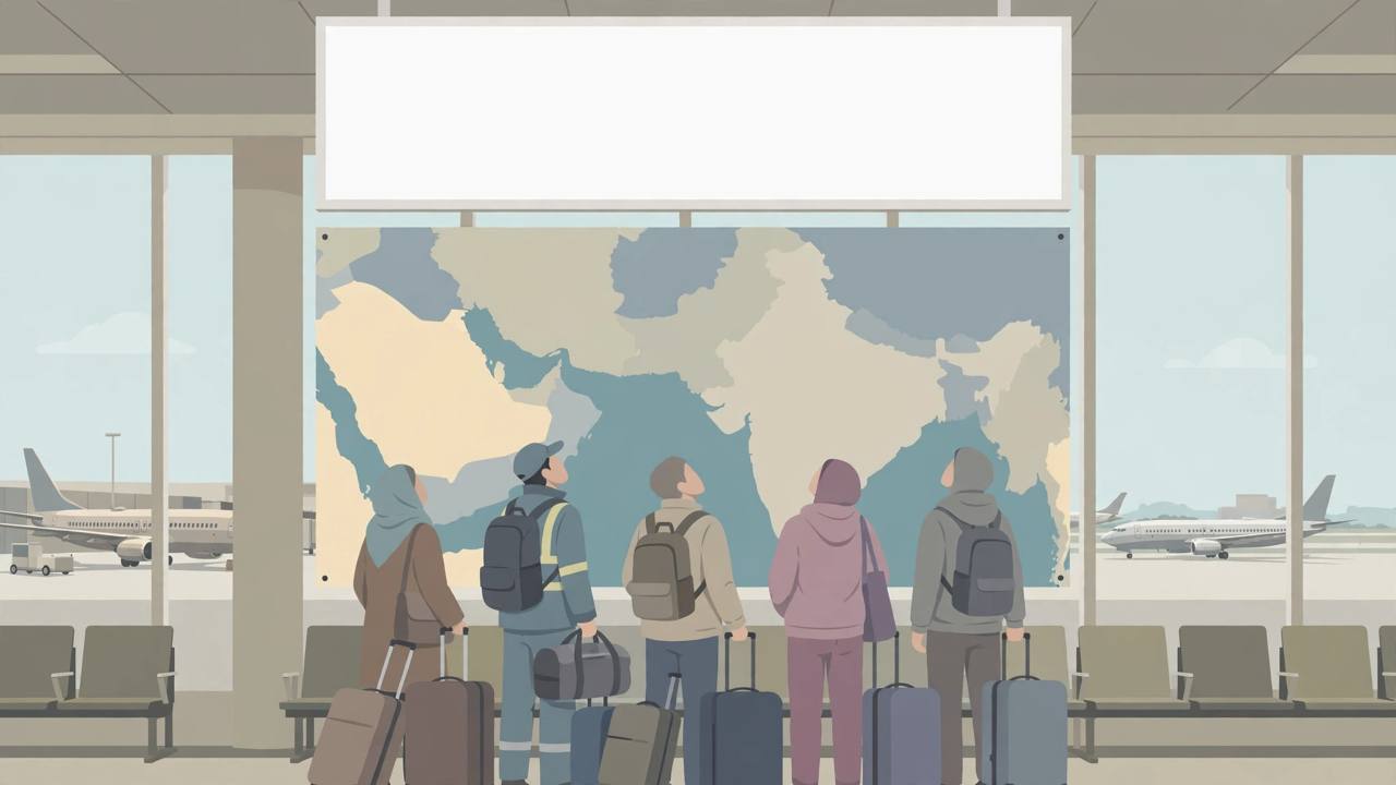 (Editorial illustration) Generic travellers with suitcases look at a map of the Gulf and South Asia in an airport hall — flat editorial style, no real person depicted