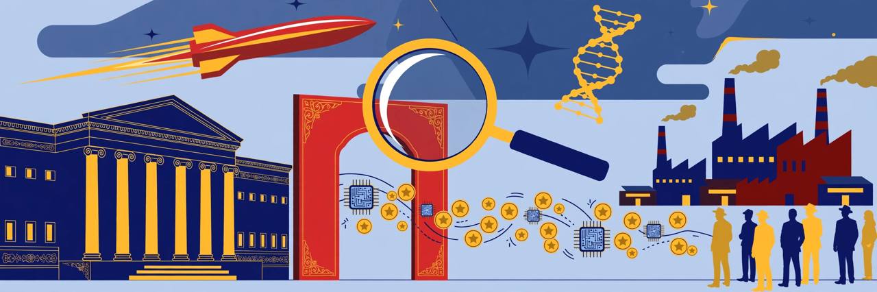 Editorial illustration of a treasury building, a magnifying glass over investment coins and microchips moving toward factories, with hypersonic and biotechnology symbols