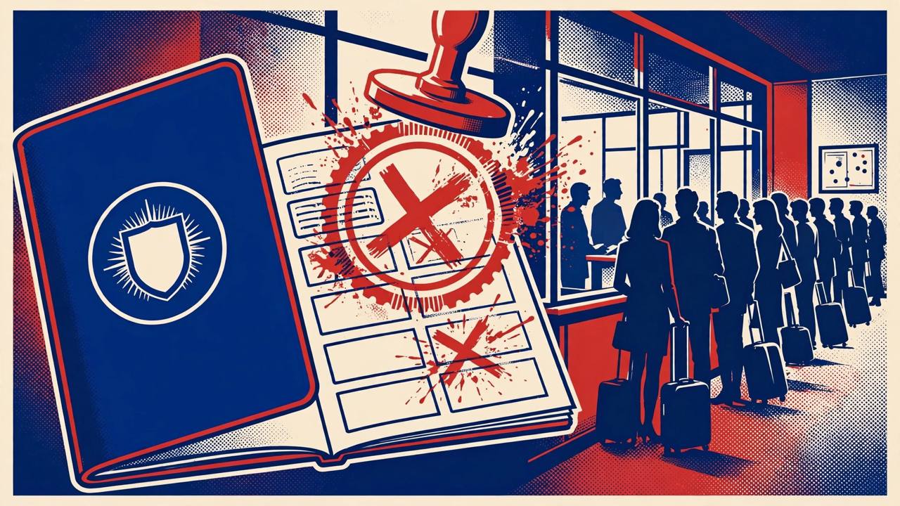 Editorial illustration of a generic passport with a visa page being stamped by a large abstract red stamp, with a queue of generic silhouetted travellers behind a glass window, no readable text and no real person's likeness