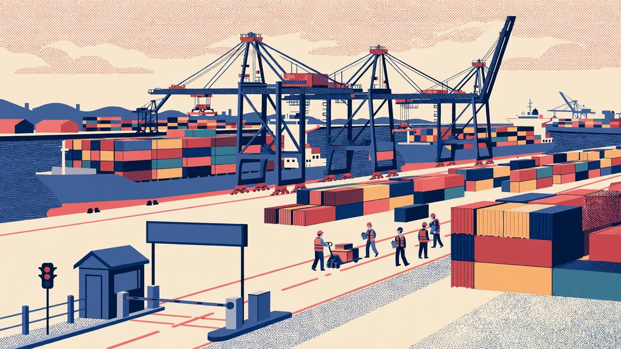 Editorial illustration of a generic container port with cargo ships, cranes and a paused toll gate