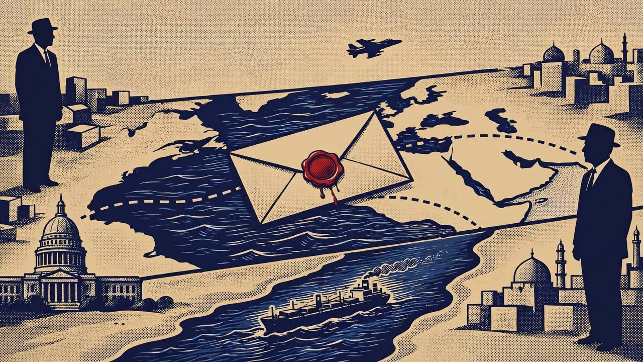 Flat editorial illustration of a sealed diplomatic letter crossing a stylised Middle East map between Washington and Tehran, with an oil tanker in a narrow strait below (Editorial illustration)