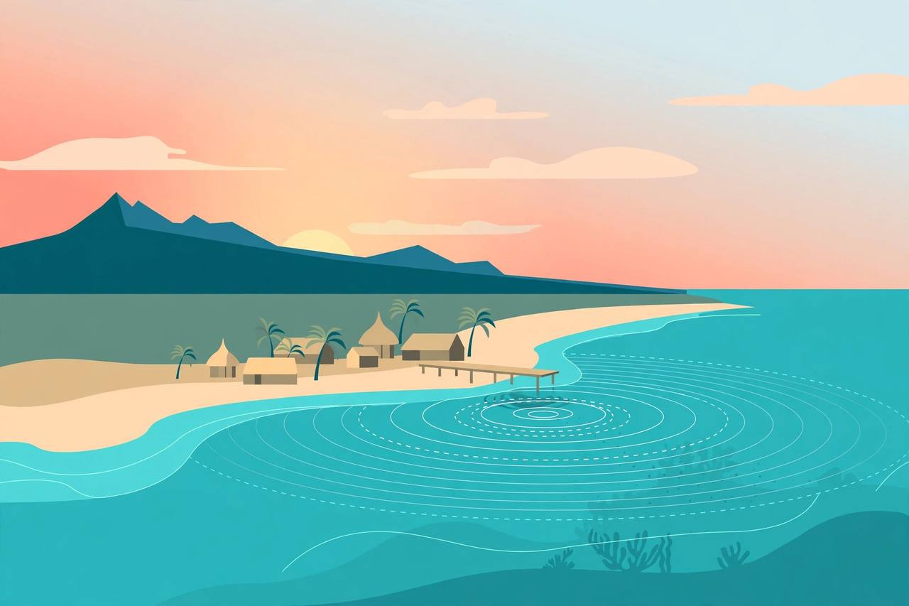 Editorial illustration of a South Pacific island coastline with seismic wave rings spreading offshore near a coastal village