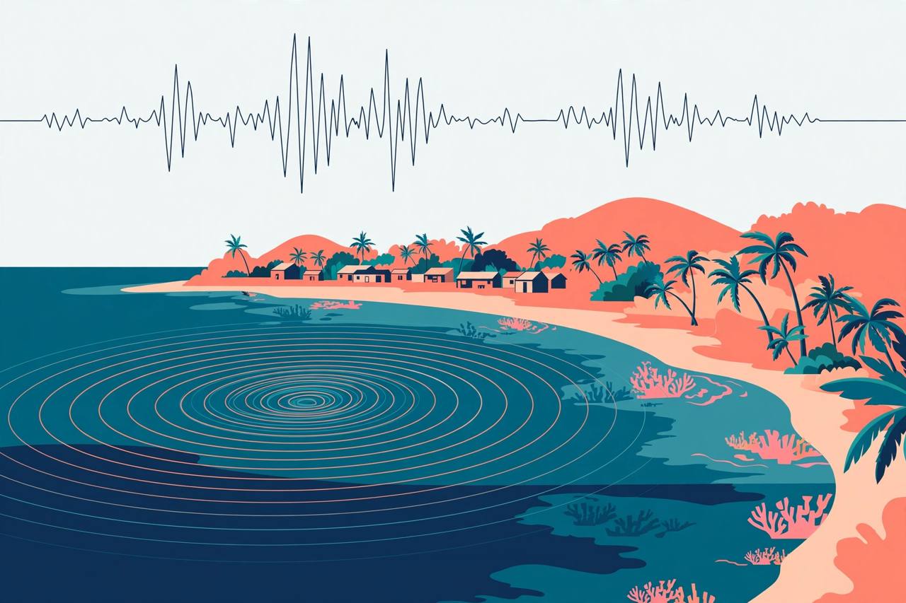 Editorial illustration of a South Pacific island coastline with seismic waves radiating from a point offshore and a seismograph line in the sky